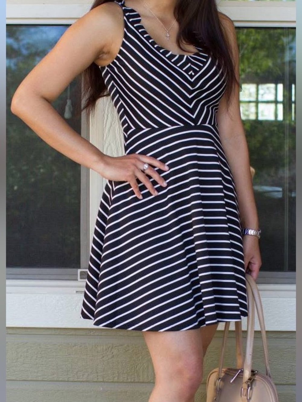 VENUS Black and White Striped V-Neck Fit & Flare Mini Dress